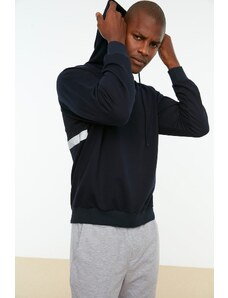 Trendyol Men's Navy Blue Oversize/Wide-Fit Long Sleeve Hooded Striped Cotton Sweatshirt