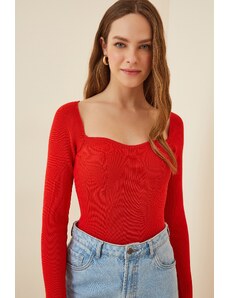 Happiness İstanbul Women's Red Heart Neck Ribbed Knitwear Sweater