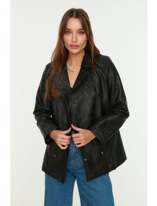Trendyol crna umjetna koža predimenzionirana džepna detaljna tkana jakna