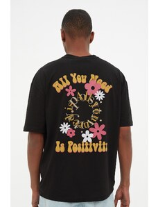 Trendyol Black muški opušteni / udobni rez 100% pamučna majica s cvjetnim printom vrata posade