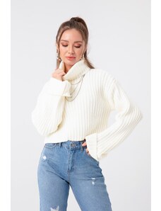 Lafaba ženski Ecru široki rebrasti džemper za usjeve dolčevite
