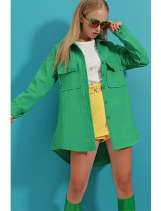 Trend Alaçatı Stili Ženski zeleni dvostruki džep prošivena obična jakna s uzorkom