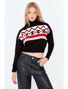 Trendyol crna božićna tema Uzorkom crop pletenina džemper