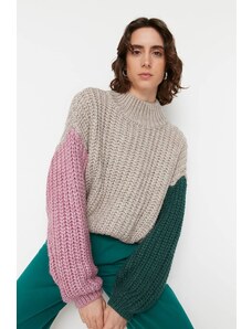 Trendyol kamen široki fit mekana teksturirana boja blok pletenina džemper