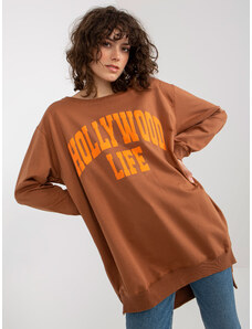 Fashionhunters Light brown and orange oversize long sweatshirt with slogan