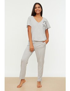 Trendyol Gray Cotton Cat Printed Sleeve Flounce Detail T-shirt-Pants Knitted Pajamas Set