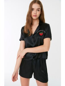 Trendyol Black Embroidered Satin Shirt-Short Woven Pajamas Set
