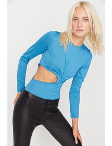 Trendyol Blue Crew Neck Cutout Detailed Long Sleeved Flexible Knitted Bodysuit