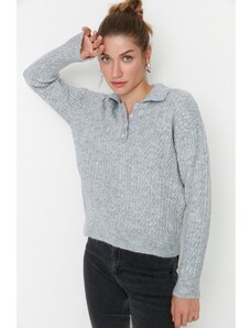 Trendyol siva široka boja mekana teksturirana pletenina džemper