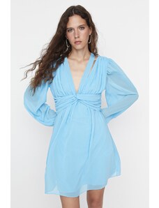 Trendyol ograničeno izdanje plavi ovratnik detaljna mini šifonska tkana haljina