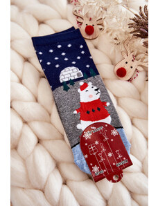 Kesi Women's Socks Christmas Patterns With Plush Teddy Bear And Igloo Grey-Navy