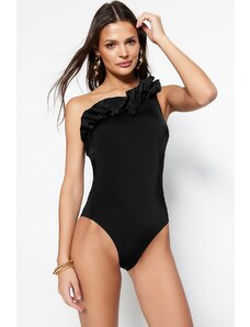 Trendyol crni jednorameni nabrani obični kupaći kostim za noge