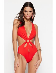Trendyol crveni duboki dekolte kupaći kostim visokih nogavica s dodatkom