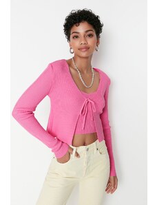 Trendyol Pink Crop Kravata Detaljna bluza-kardigan pletenina set pletenina Cardigan