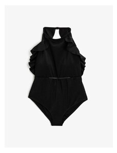 Koton ženski crni nabrani Halterneck struk detaljan kupaći kostim.
