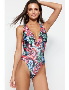 Trendyol cvjetni uzorak duboko-čokoladni kupaći kostim s visokim nogavicama s otvorenim leđima