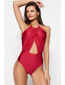 Trendyol Claret Red Halterneck kupaći kostimi s izrezanim / prozorima i običnom nogom