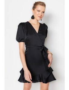 Trendyol crni remen s dvostrukim grudima satenska mini tkana haljina