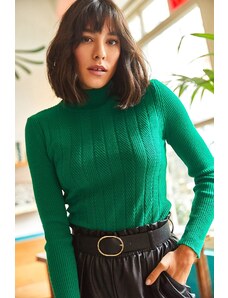 Olalook ženski smaragdno zeleni poludolčevita cik-cak teksturirani mekani džemper od pletenine