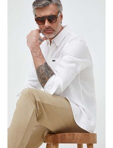 Lanena košulja Lacoste boja: bijela, regular, o button-down ovratnikom