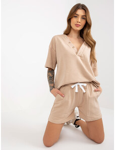 Fashionhunters Beige summer tracksuit with button-down blouse