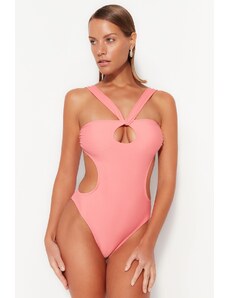 Trendyol ružičasti kupaći kostim bez naramenica izrezan / s prozorima visokih nogavica