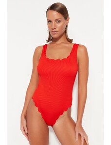 Trendyol crveni kvadratni ovratnik laserski rez, teksturirani obični kupaći kostim za noge