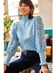 Olalook ženski baby plavi rukav detaljan mekani teksturirani džemper od pletenine