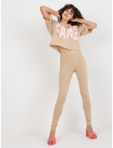 Fashionhunters Beige sports set with inscriptions and leggings
