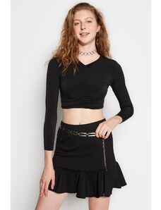 Trendyol Black Slim Gathered Detailed Crop Stretchy Knitted Blouse