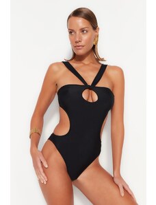 Trendyol crni kupaći kostim bez naramenica izrezan / s prozorima visokih nogavica