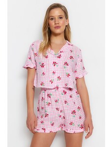 Trendyol Pink Floral Pattern Viscose Shirt-Short Woven Pajamas Set