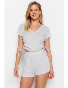 Trendyol Gray Cotton Gathered T-shirt-Shorts Knitted Pajamas Set