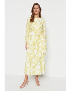 Trendyol žuta večernja haljina s cvjetnim uzorkom s zadimljenim strukom