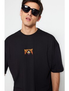 Trendyol Black Oversize/Wide Cut Short Sleeve Space Printed 100% Cotton T-Shirt