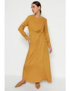 Trendyol Camel Struk 100% viskozno tkana haljina s detaljnim gumbom pokrivenim od tkanine