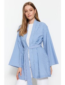 Trendyol tkanje prozirni prugasti kimono i kaftan s plavim pojasom