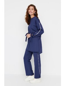 Trendyol Navy Blue Sleeve Detailed Striped Scuba Knitted Tracksuit Set