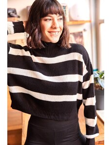 Olalook ženski crni prugasti džemper od pletenine s pola dolčevite