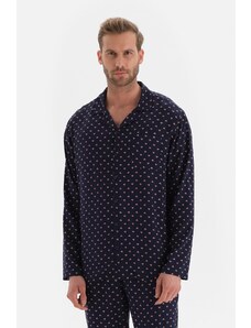 Dagi Navy Blue Shirt Collar Size Printed Viscose Pajama Top
