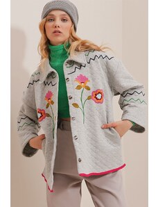 Trend Alaçatı Stili Ženski Graymelange Prošivena jakna s uzorkom vezena jakna