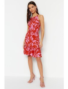 Trendyol crveni struk uklopljena mini tkana tropska haljina s uzorkom tkane haljine