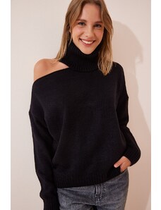 Happiness İstanbul Sreća İstanbul Ženski crni izrez detaljan džemper od dolčevite pletenine