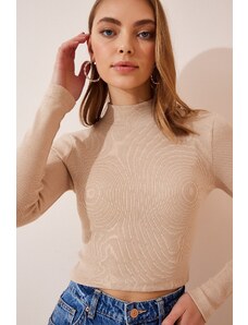 Happiness İstanbul Women's Cream Corduroy Turtleneck Crop Knitted Blouse