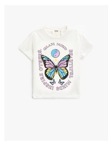 Koton Butterfly Printed Cotton T-Shirt Short Sleeved Crew Neck