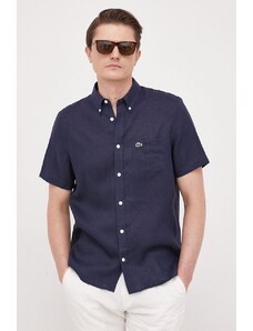Lanena košulja Lacoste boja: tamno plava, regular, o button-down ovratnikom