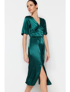 Trendyol zelena ravna stane midi tkana satenska haljina s prorezom na V-izrezu