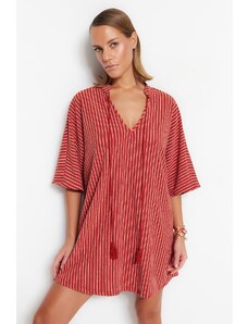 Trendyol smeđa prugasta široka staza mini pletena haljina za plažu od rese
