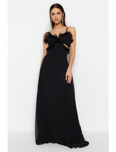 Trendyol crna večernja haljina s otvorenim strukom / klizačem obloženim prozorom / izrezanom dugom večernjom haljinom