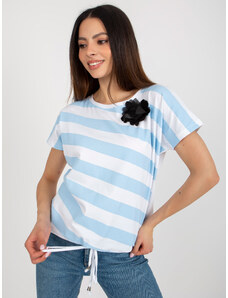 Fashionhunters White and light blue striped blouse with brooch